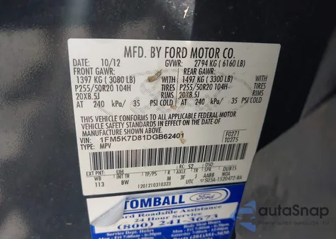 2013 Ford Explorer Xlt из США, поврежденный, VIN 1FM5K7D81DGB62401